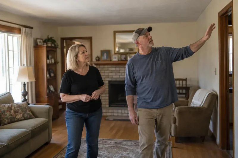 Homeowner and evaluator walking through a dated living room