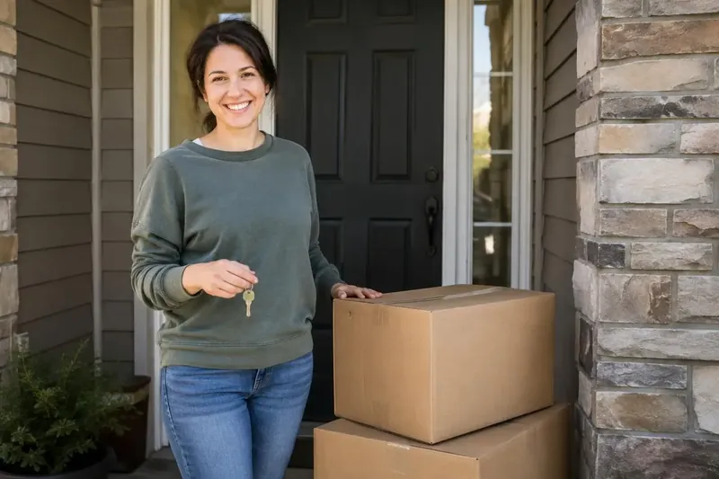 Homeowner holding a house key beside moving boxes at the front door