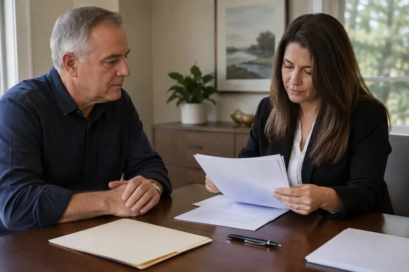Homeowner reviewing closing paperwork with a title coordinator