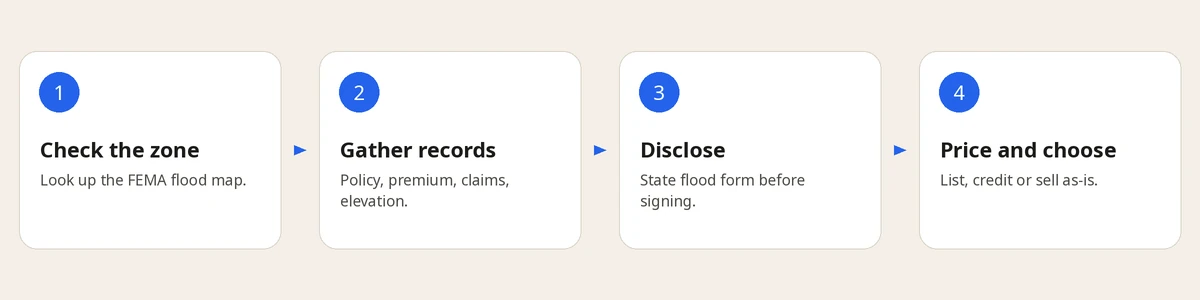 Four-step flood zone sale sequence: check the zone, gather records, disclose, price and choose