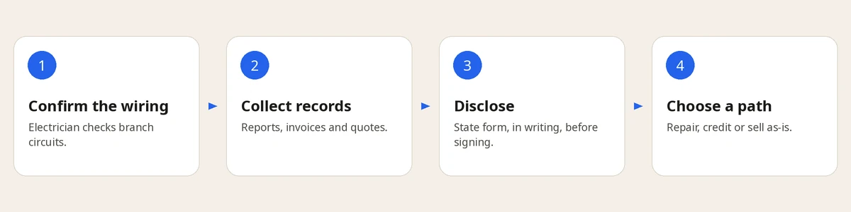 Four-step aluminum wiring sale sequence: confirm the wiring, collect records, disclose, choose a path