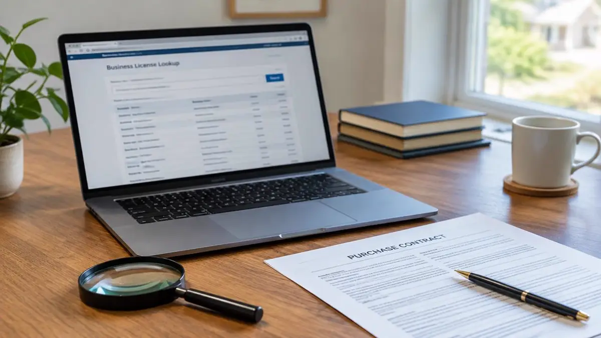 Laptop showing a business license lookup next to a purchase contract and magnifying glass