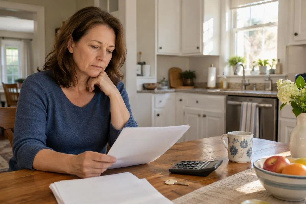 Homeowner reviewing a home-sale offer and calculator at her kitchen table
