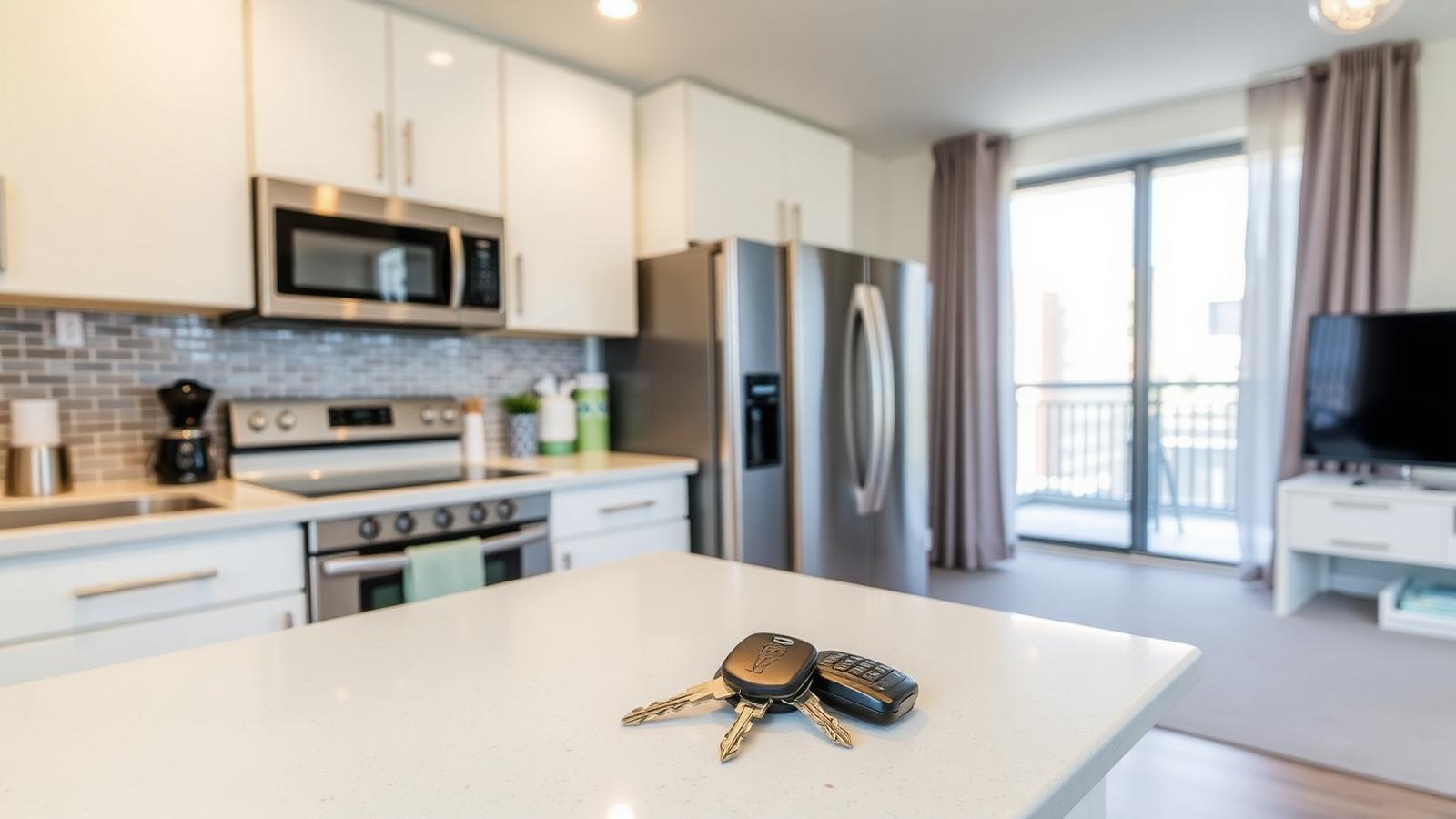 Newly renovated rental kitchen with quartz counters and keys left on the island — illustrating BRRR Strategy Complete Guide: Build Wealth Through Real Estate Recycling
