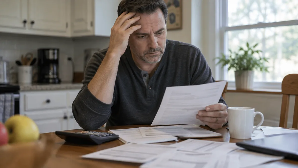 Worried homeowner reviewing mortgage statements and bills with a calculator at his kitchen table