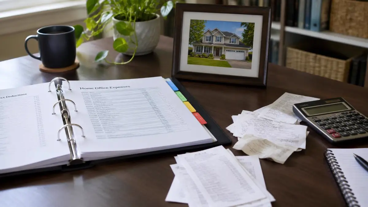 Tax binder, improvement receipts and calculator beside a framed house photo