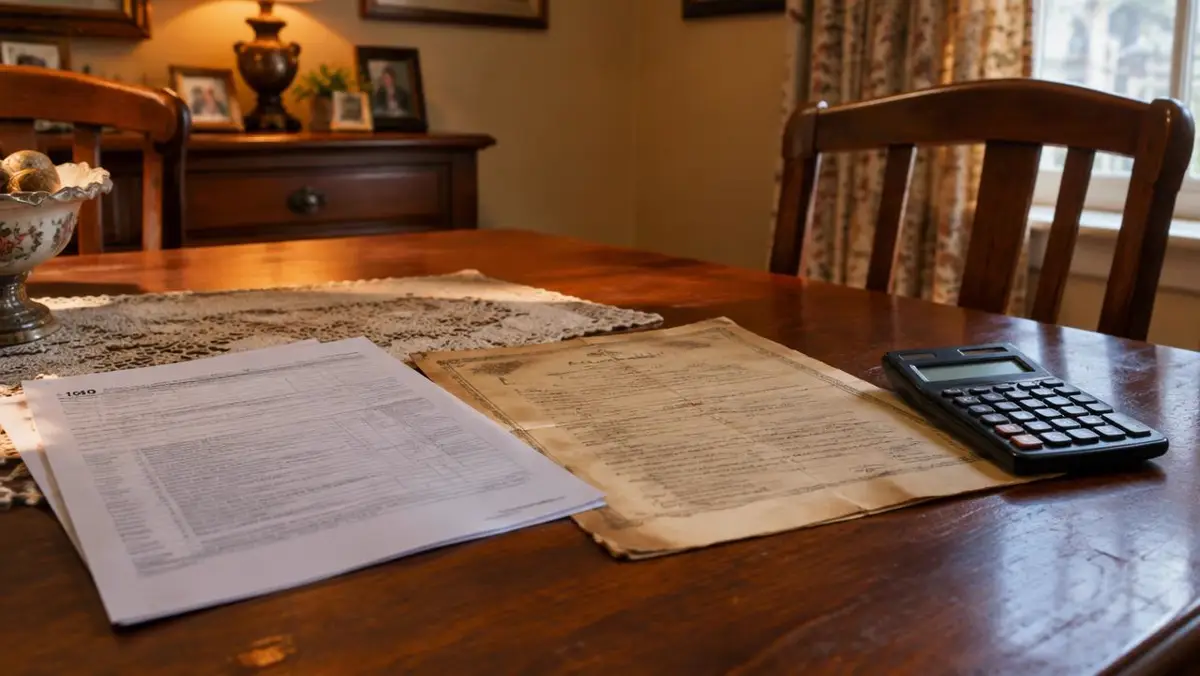 Tax form, old house deed and calculator on a dining table in an inherited home