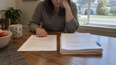 Homeowner weighing a one-page cash offer against a thick listing agreement packet at her kitchen table