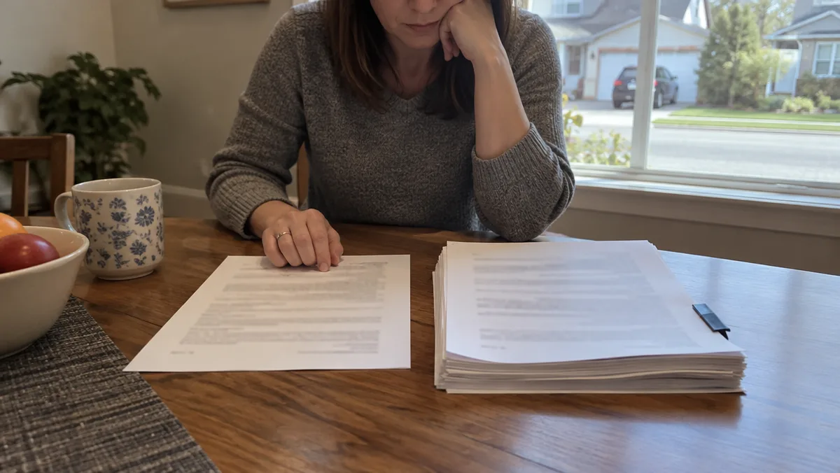Homeowner weighing a one-page cash offer against a thick listing agreement packet at her kitchen table