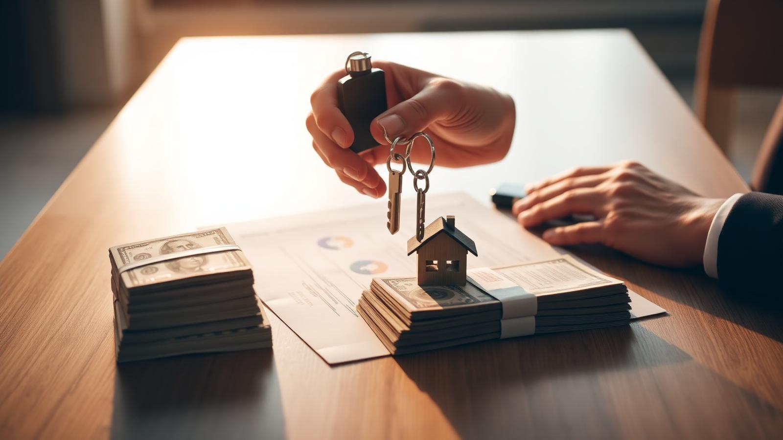 Hands passing house keys across a signed purchase agreement beside stacked cash — illustrating Cash Offer vs. Listing: A Visual Guide for Home Sellers