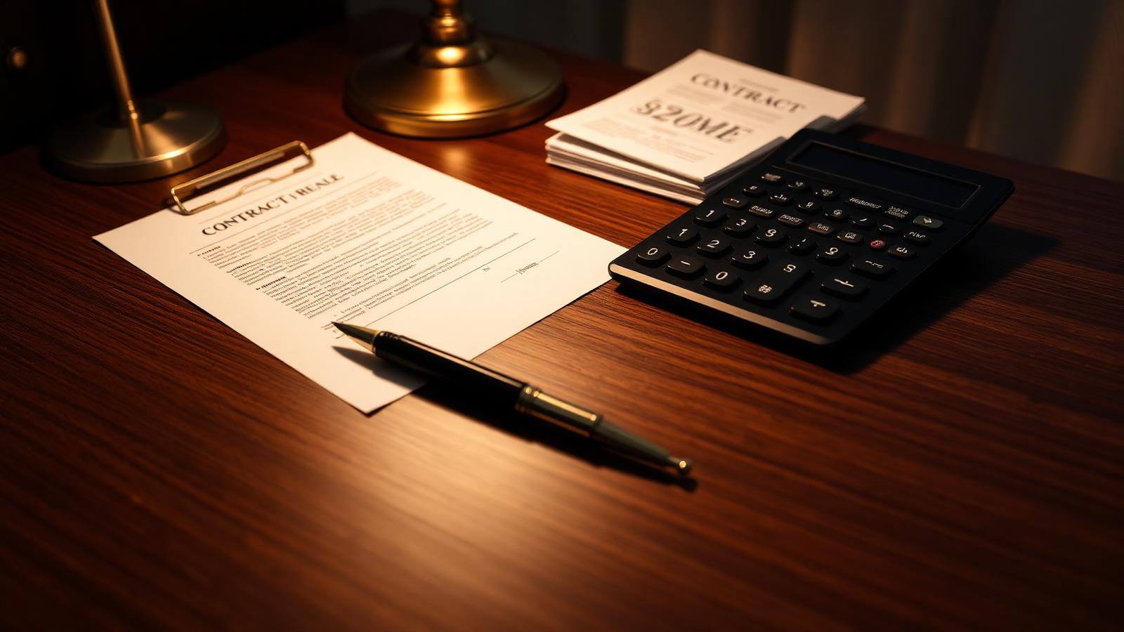 Real estate contract, calculator and fountain pen on a walnut desk under warm lamp light — illustrating Subject-To Investing: How to Acquire Properties Without New Loans