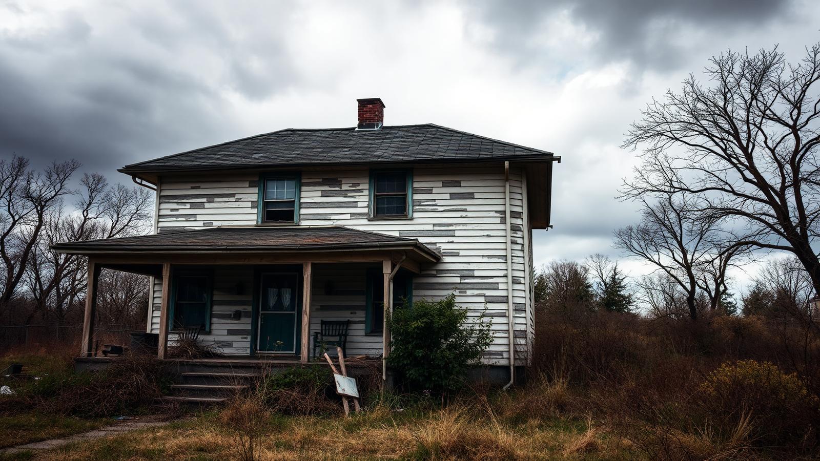 Weathered vacant house with peeling paint and an overgrown yard under a grey sky — illustrating How to Avoid Foreclosure: Options Every Homeowner Should Know