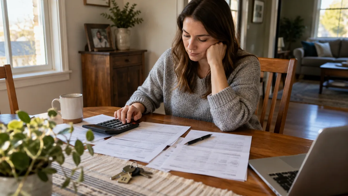 Homeowner reviewing a closing cost statement with a calculator and house keys at her dining table