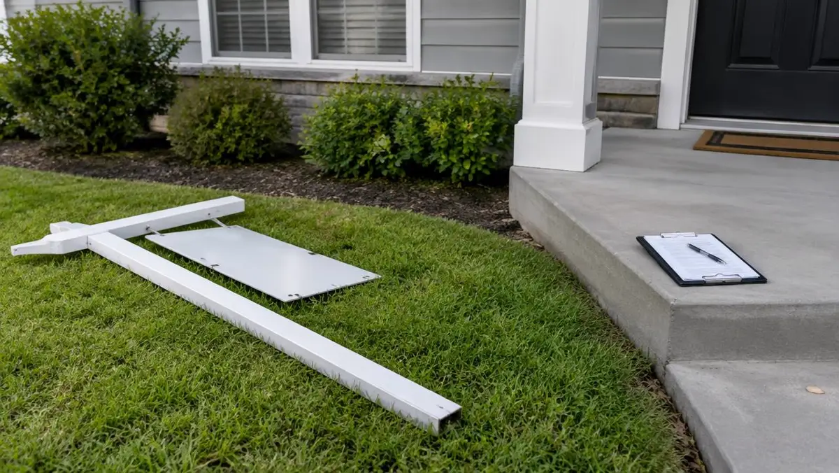 Blank yard sign post on a lawn and a listing agreement clipboard on the porch