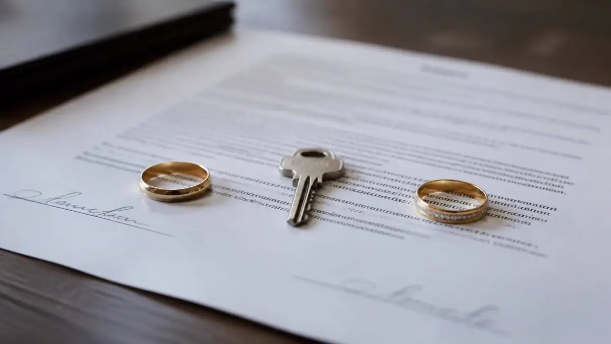 Two wedding rings and a house key on a signed settlement agreement