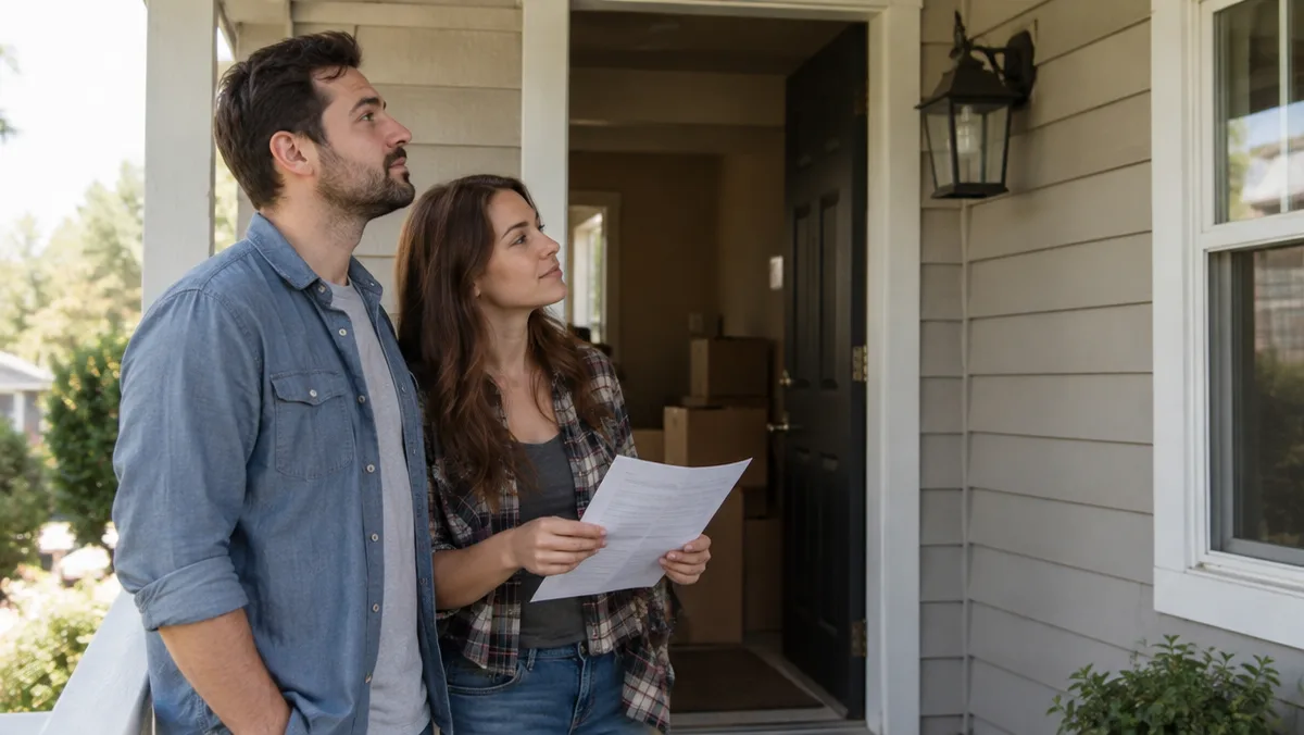 Young couple with a checklist on the porch of their starter home, moving boxes inside the open door