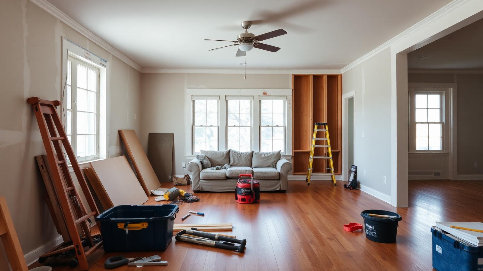 Living room mid-renovation with ladders, tools and freshly refinished hardwood floors — illustrating Sell As-Is or Fix It Up First? A Homeowner's Guide to Selling a House That Needs Work