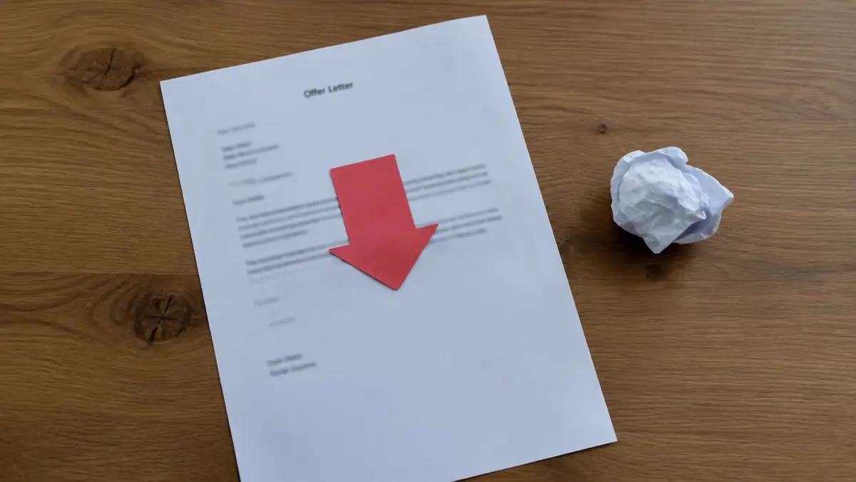 Offer letter with a red down arrow next to a crumpled page
