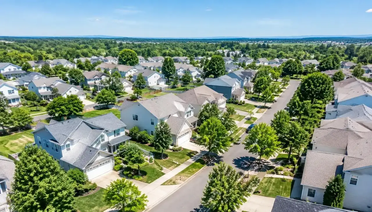 Sunny residential street of single-family homes