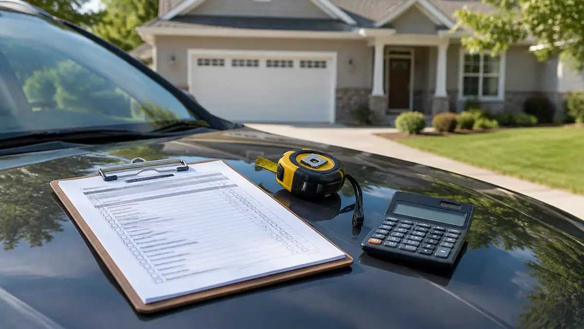 Repair checklist, tape measure and calculator on a car hood in front of a house