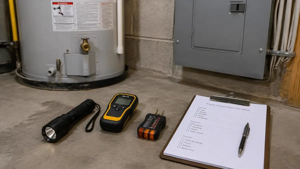 Home inspection tools beside a water heater and electrical panel
