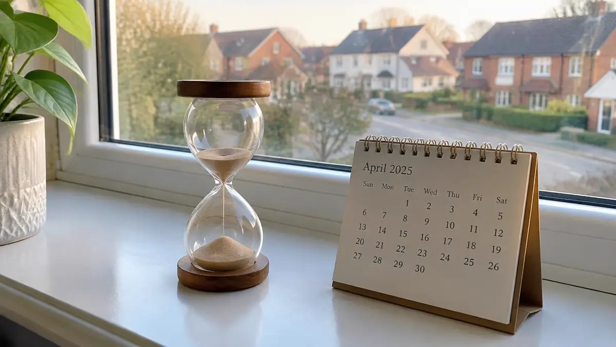 Hourglass and desk calendar on a windowsill overlooking a residential street