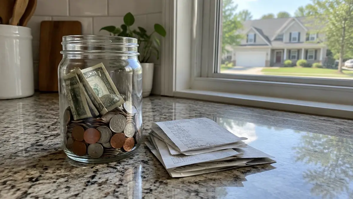 Jar of coins and bills with receipts on a counter by a window