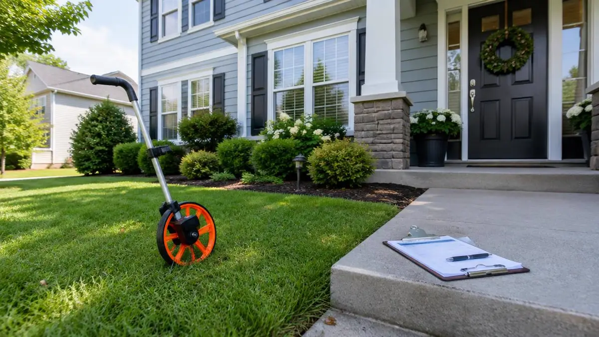 Measuring wheel on the lawn of a two-story home