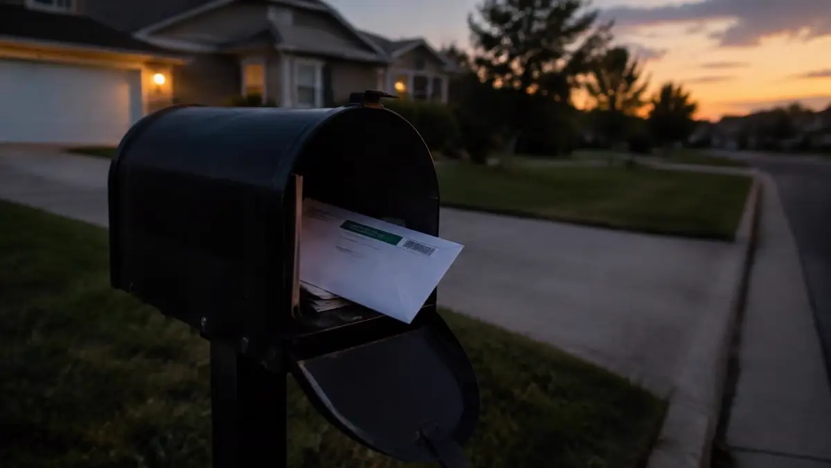 Curbside mailbox holding a certified letter at dusk