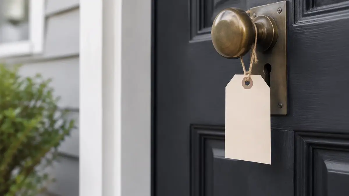 Blank price tag hanging from a front door knob
