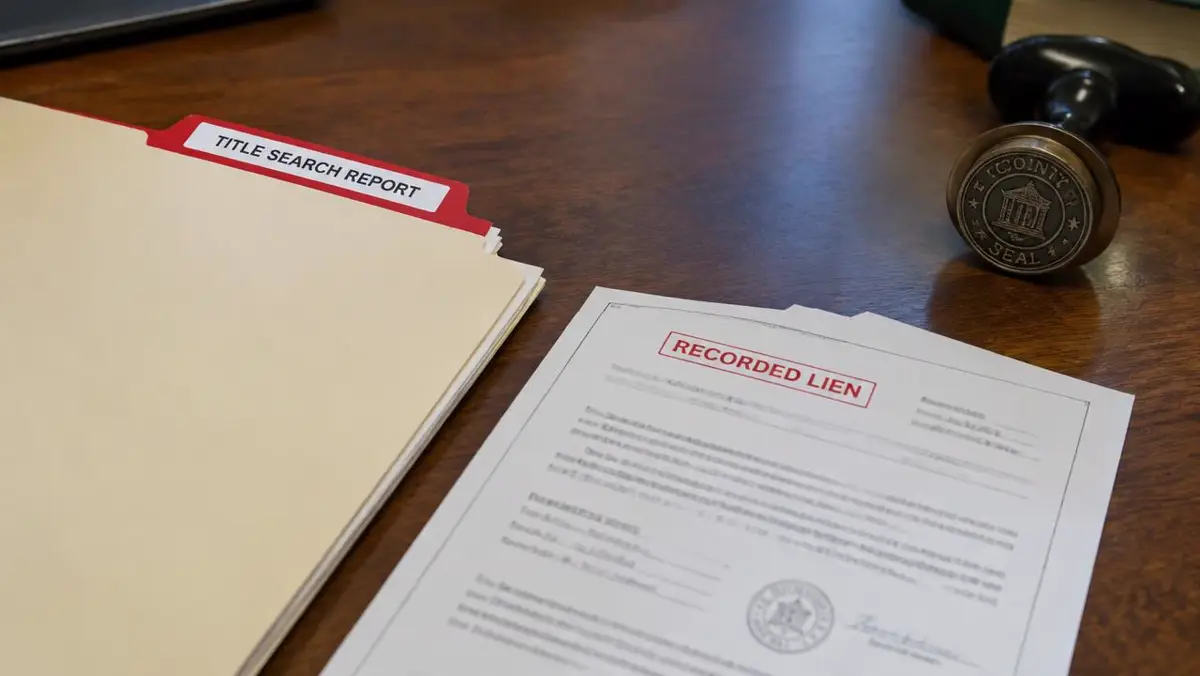 Title search report folder and recorded lien document beside a county seal stamp
