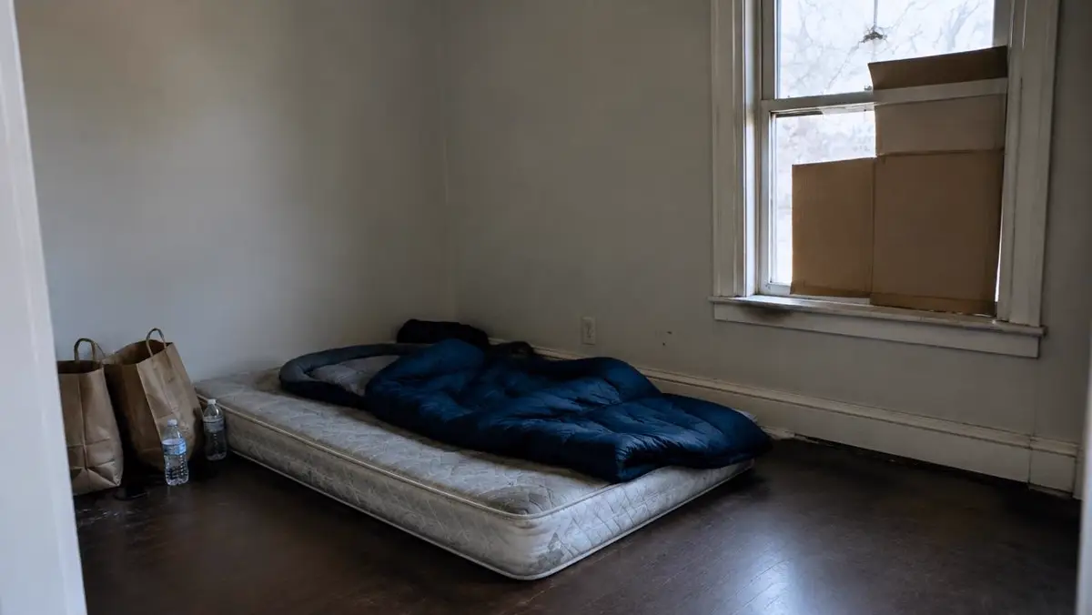 Mattress and sleeping bag in a vacant room with a cardboard-patched window