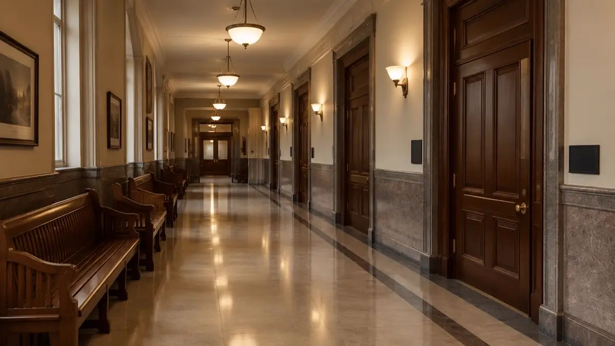 Courthouse hallway with wooden benches outside courtroom doors