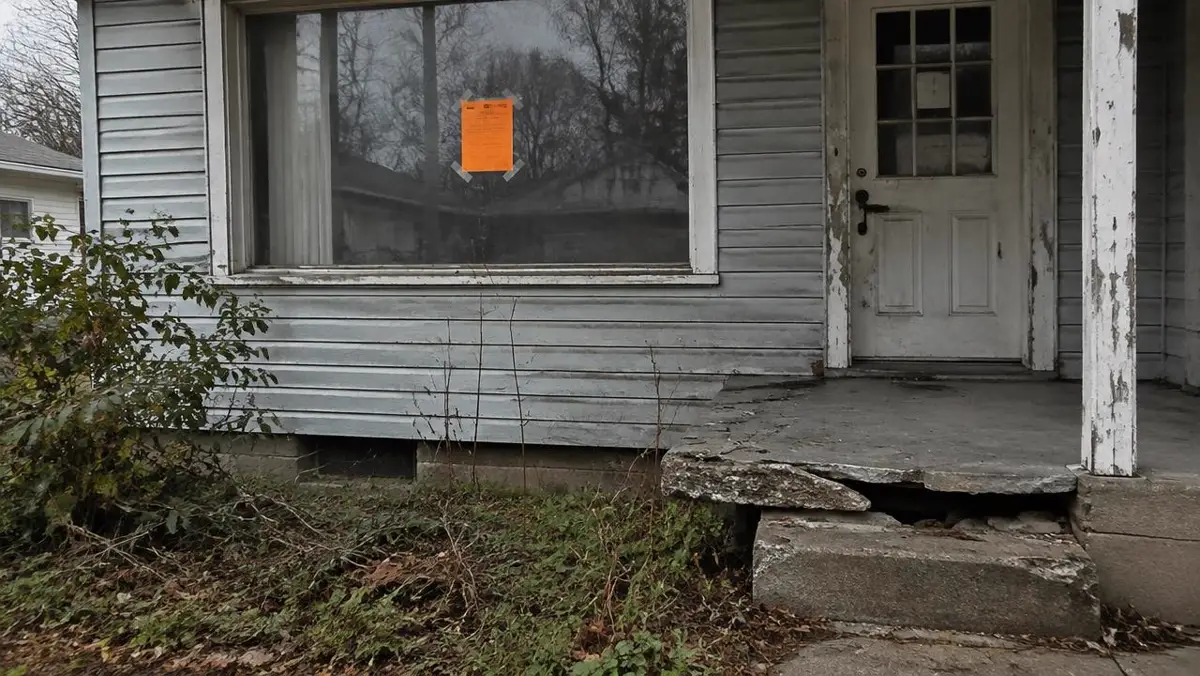 Code violation notice on the window of a neglected house with a broken step