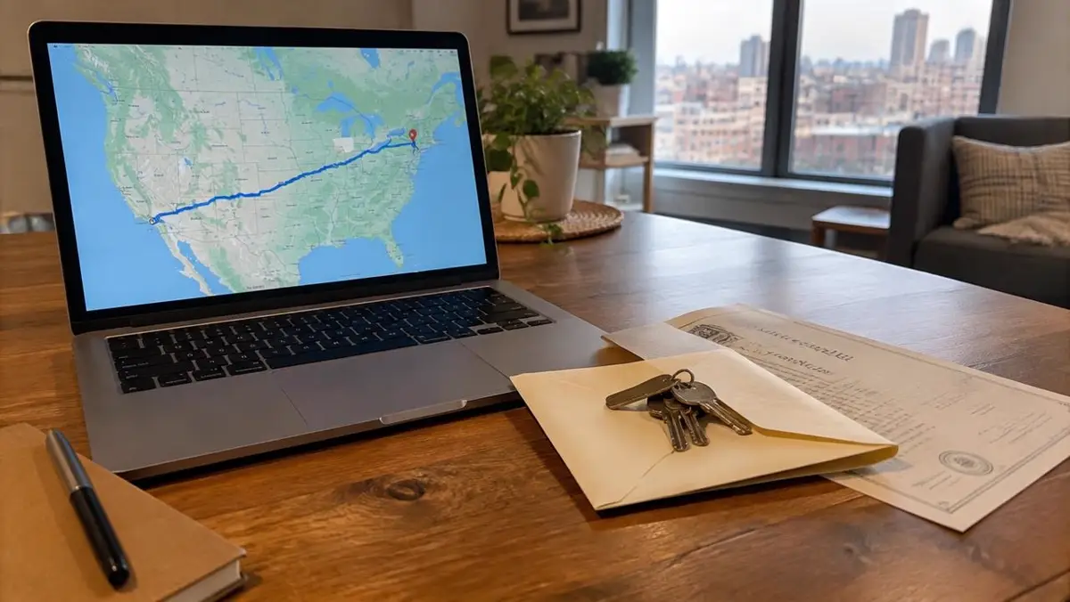 Laptop map route between distant states next to old house keys and a deed