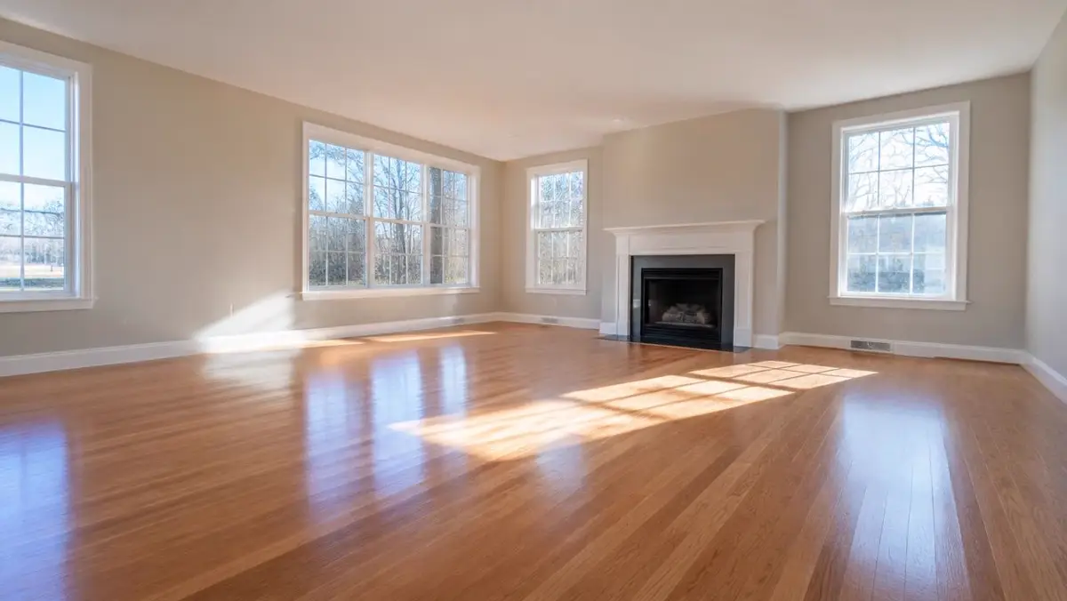 Empty living room of a vacant house with sunlit hardwood floors