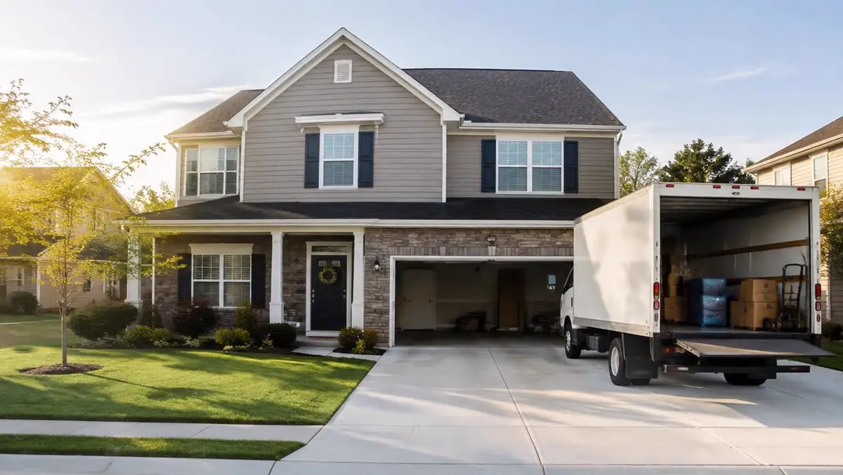 Two-story home with a moving truck in the driveway