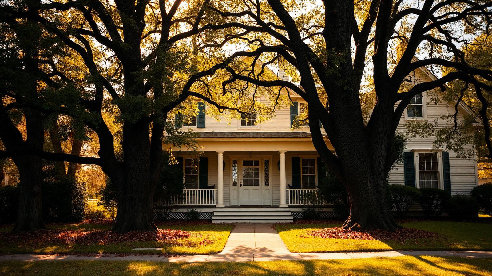 Older white clapboard family home shaded by mature oak trees in autumn light — illustrating Selling an Inherited House Fast: Your Options for a Quick, Stress-Free Sale
