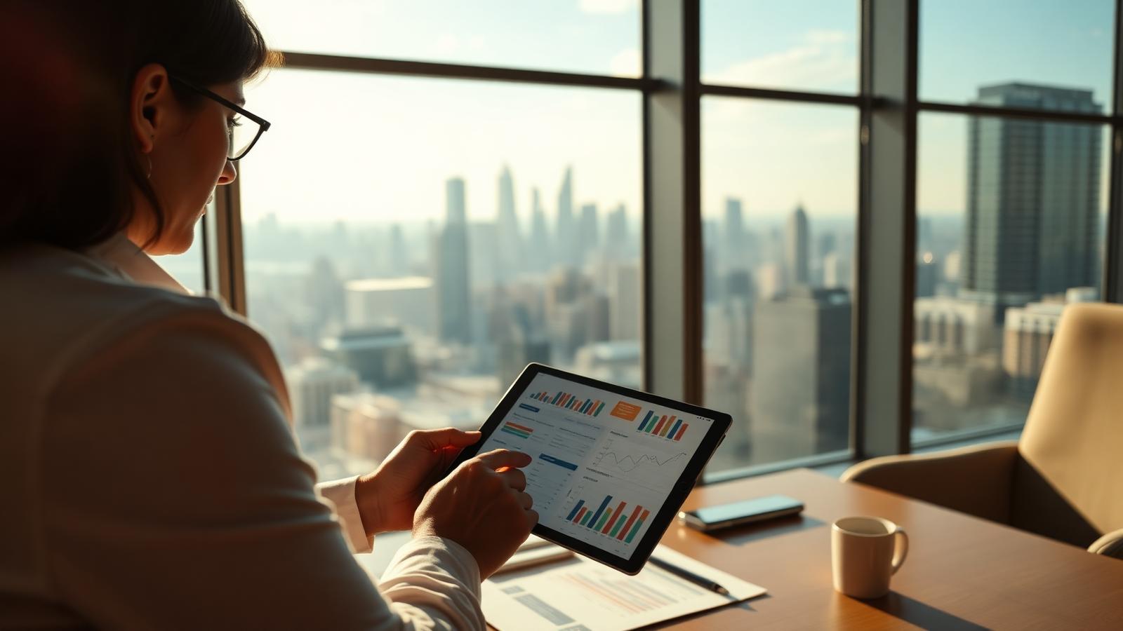 Investor reviewing property performance charts on a tablet above a city skyline — illustrating Land Investment Guide: Strategies for Builders and Developers