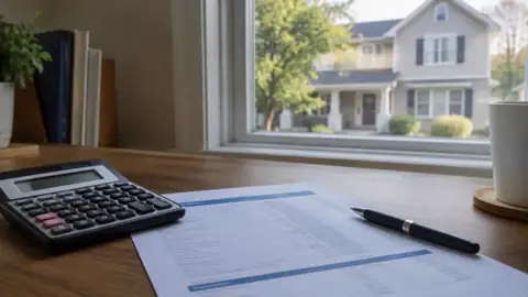 Closing statement worksheet, calculator and pen on a desk by a window facing a house