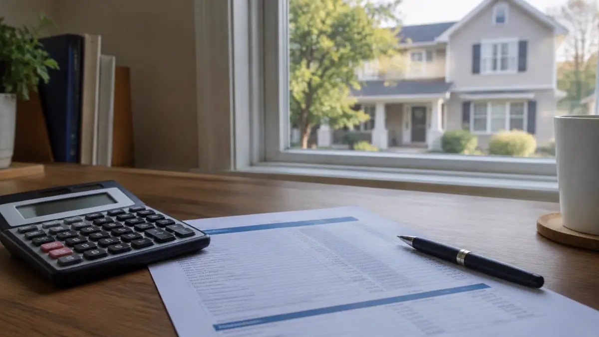 Closing statement worksheet, calculator and pen on a desk by a window facing a house