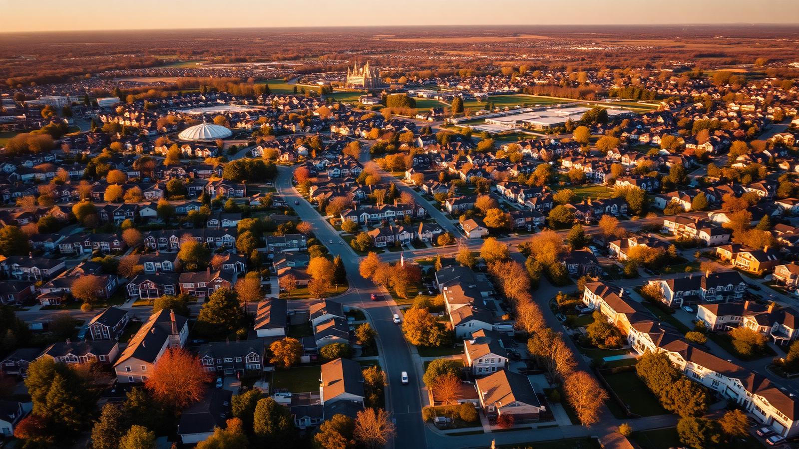 Aerial view of an American suburban neighborhood grid at golden hour — illustrating Key Market Indicators Every Real Estate Investor Should Track
