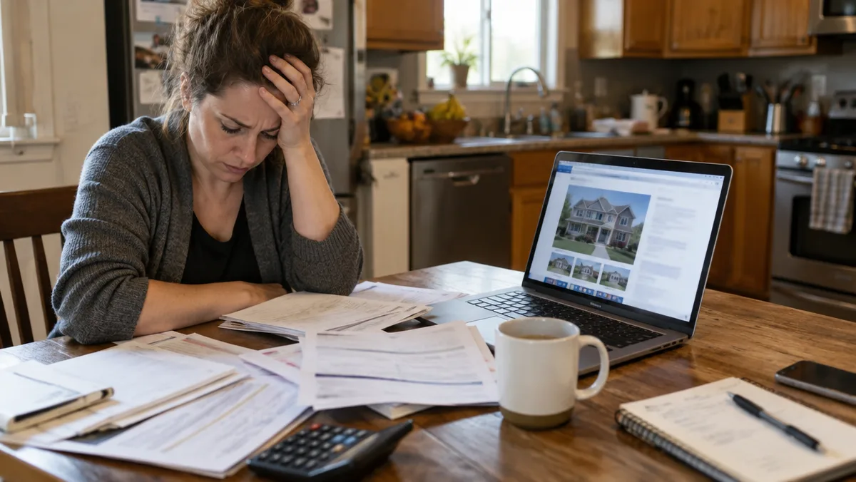 Stressed homeowner with papers and a laptop showing her home listing at a cluttered kitchen table