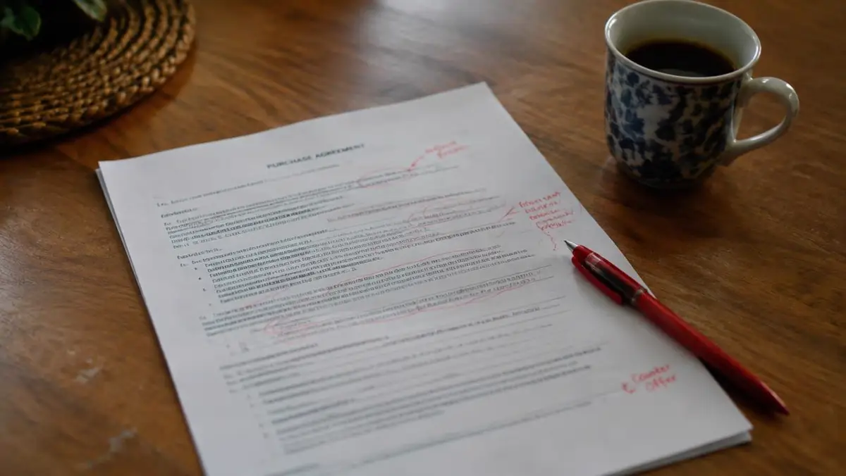 Purchase agreement marked with red-pen counteroffer notes