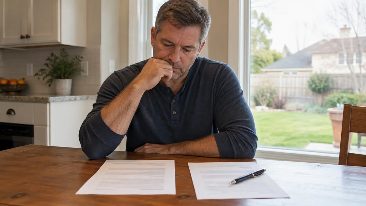 Homeowner comparing two printed cash offer letters side by side at his kitchen table