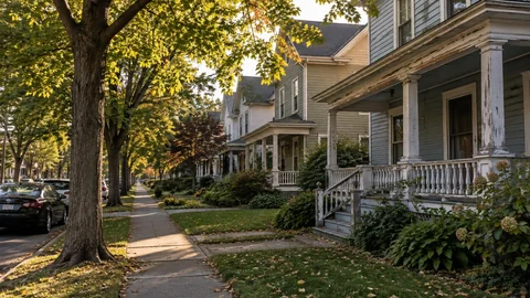Tree-lined street of early-1900s two-story wood-frame houses with front porches, one with worn, peeling paint
