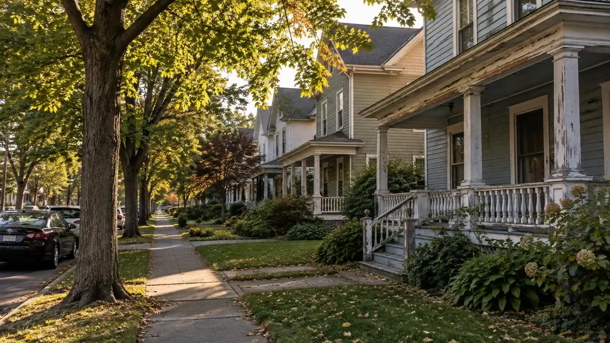 Tree-lined street of early-1900s two-story wood-frame houses with front porches, one with worn, peeling paint