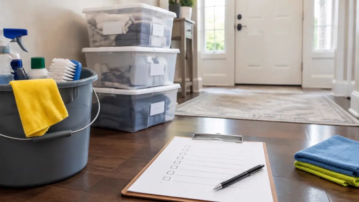 Cleaning supplies, storage bins and a checklist in an entryway