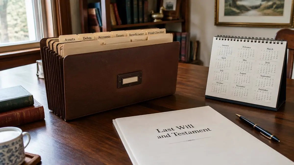Estate accordion file, will and year calendar on a study desk