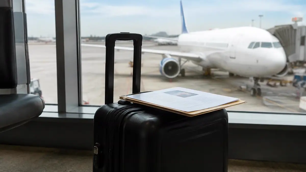 Carry-on suitcase with home sale paperwork at an airport gate